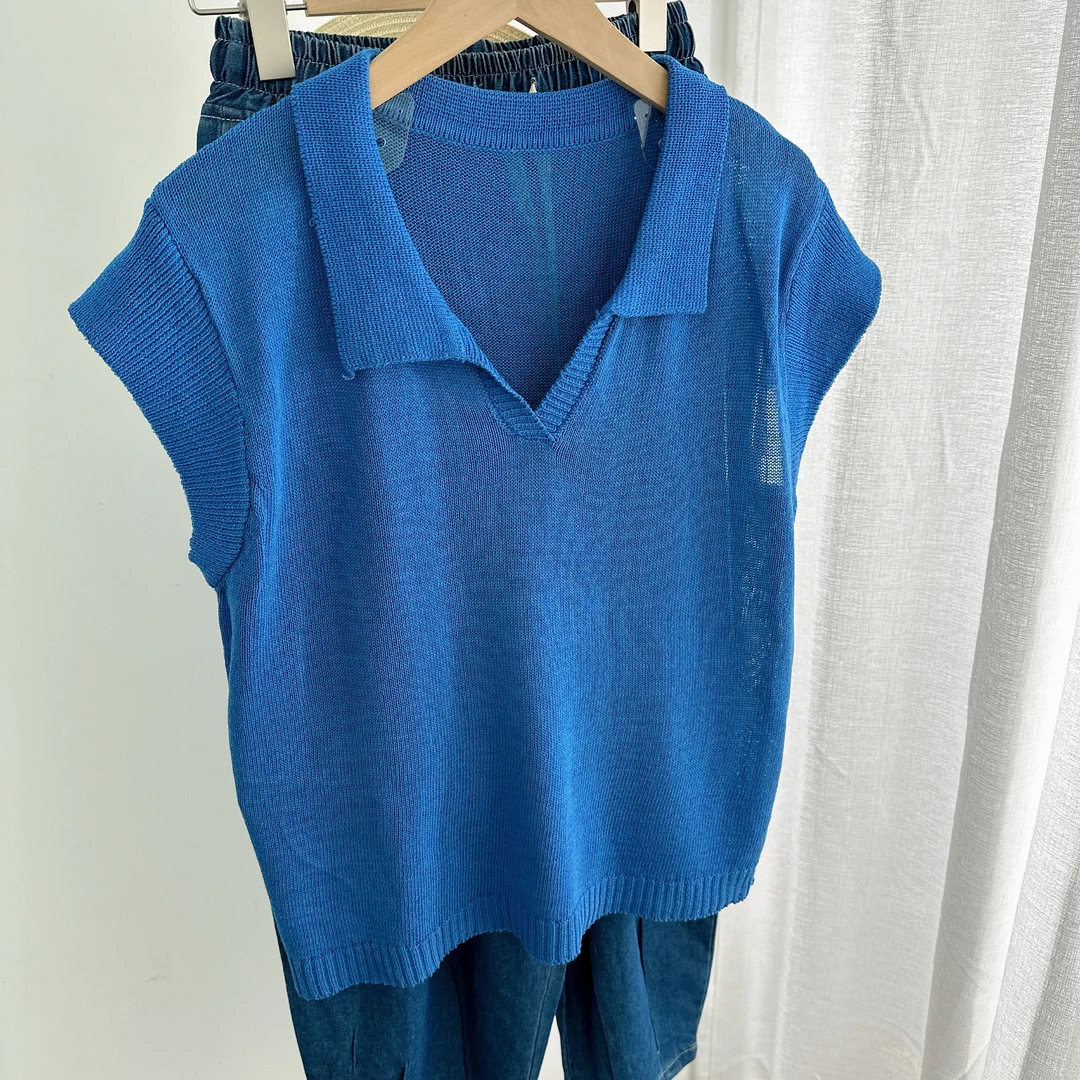 [欢欢家]-2025新款夏款针织套头翻领飞飞袖短袖蓝色纯色上衣休闲