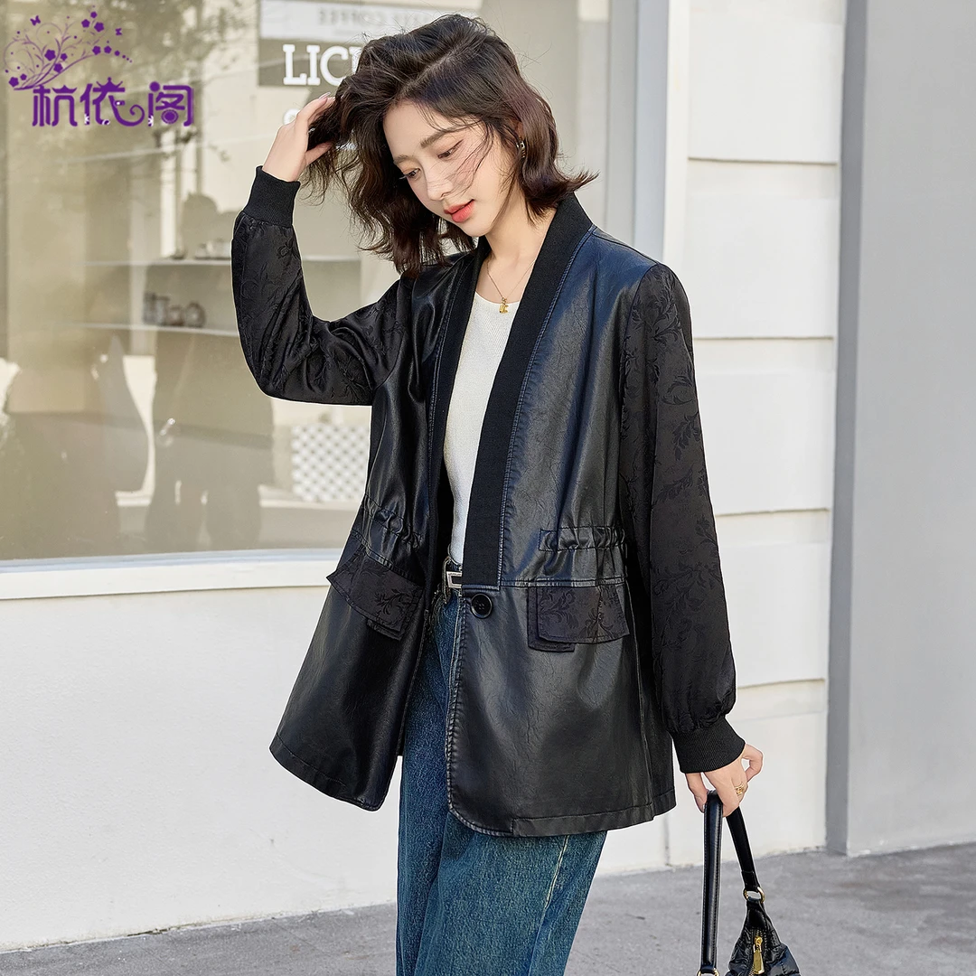 杭依阁PU皮拼接外套女2025秋季新款韩系休闲收腰洋气减龄皮衣夹克