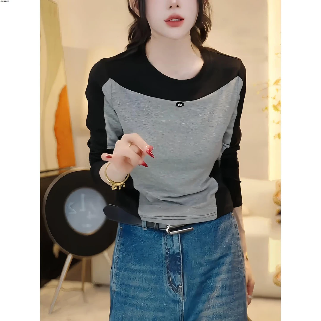 韩版时尚拼色修身长袖t恤女秋季新款气质显瘦宽松内搭打底衫上衣