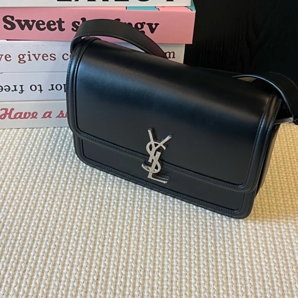 99新 YSL/圣罗兰 黑银中号光面斜挎豆腐包