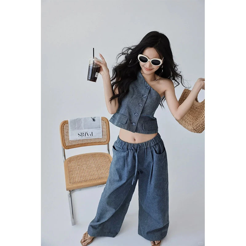 慵懒松弛感两件套短款不对称斜肩牛仔上衣女甜酷辣妹风阔腿裤套装