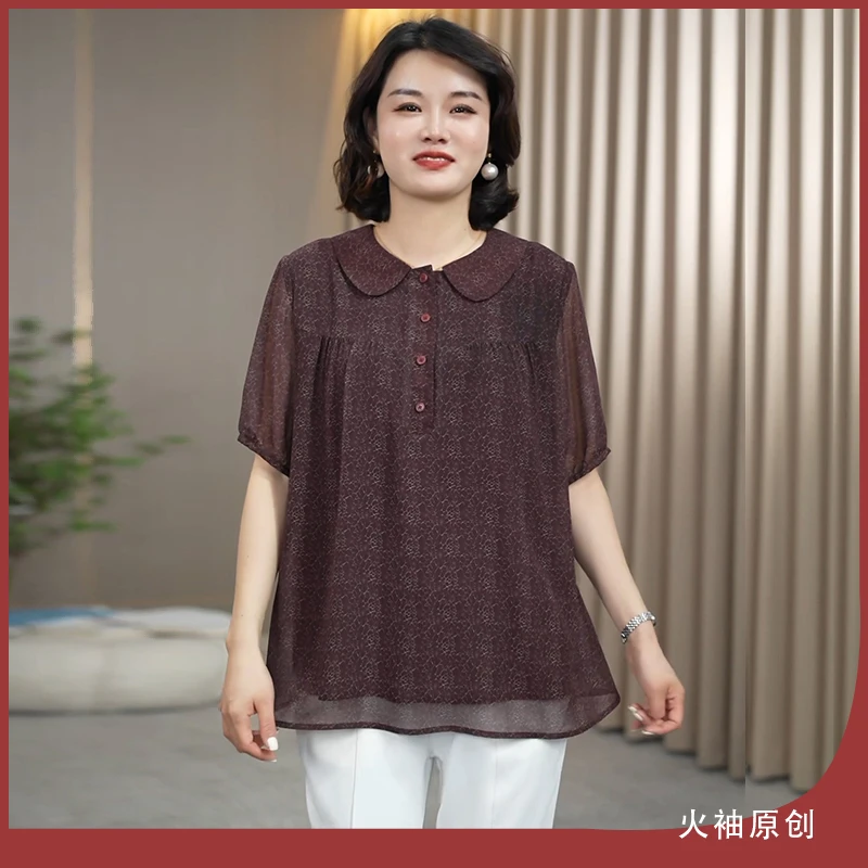 火袖G386中老年妈妈装高贵印花夏装新款宽松显瘦凉爽透气气质小衫