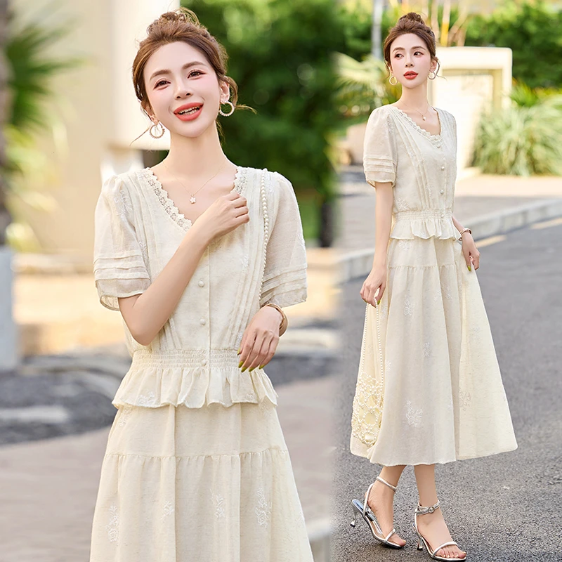 法式V领蕾丝边短袖连衣裙套装女夏季新款名媛气质修身显瘦半身裙