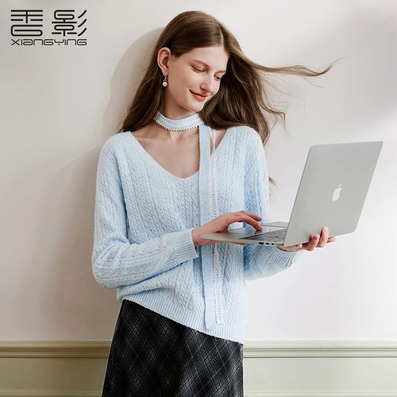 【直播专享】M75A629针织衫 香影法式v领针织衫女秋季新款含羊毛