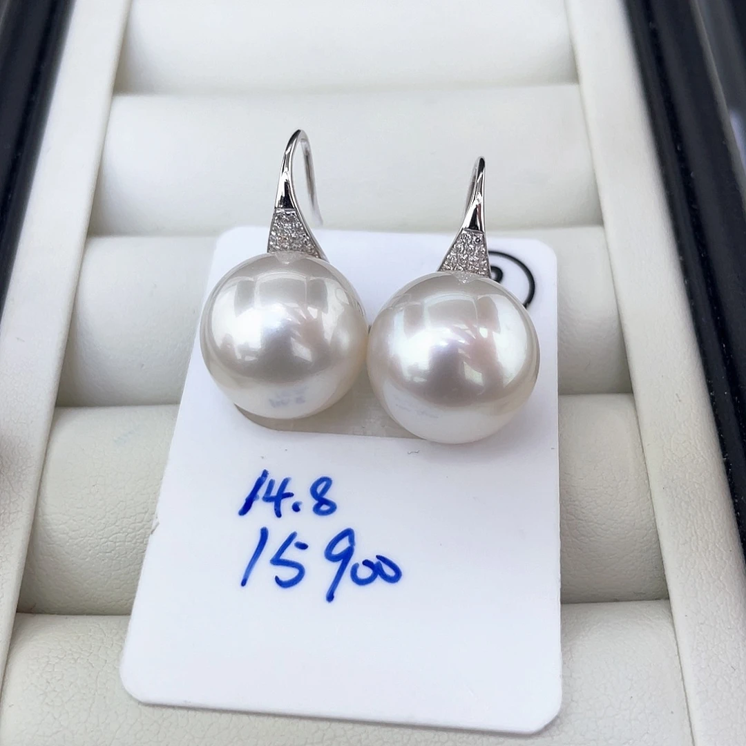 定制海水珍珠18K金镶嵌耳饰14.8 澳白极光炫彩 极细微暇