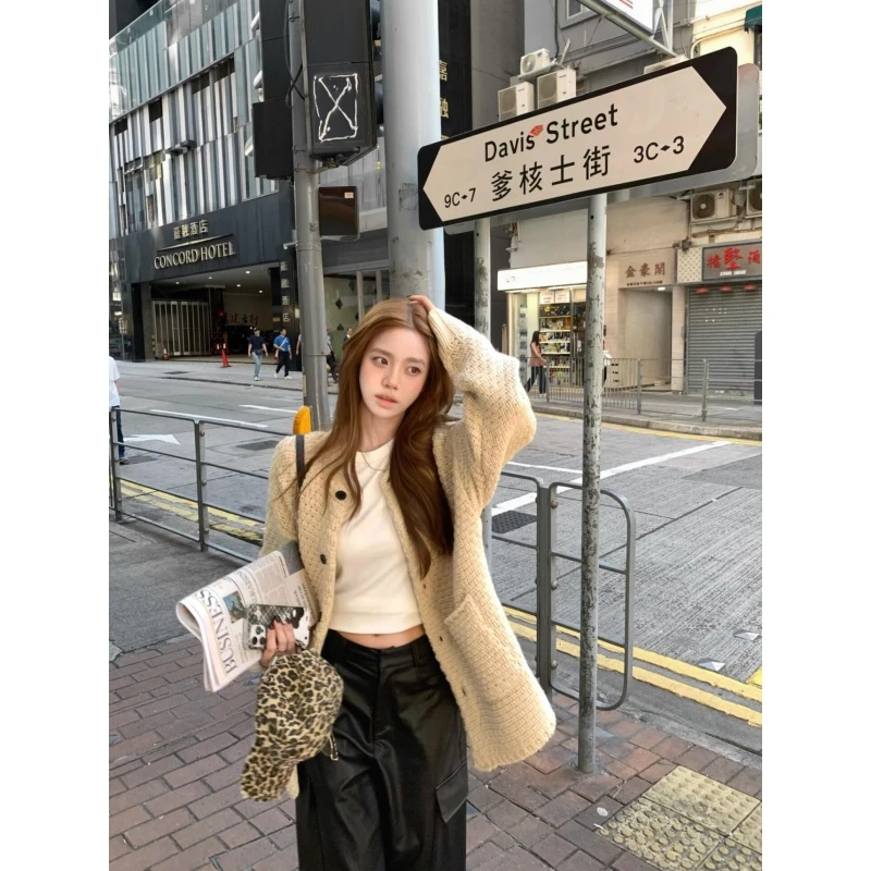 韩版慵懒休闲风软糯百搭针织开衫秋季新款高腰宽松气质直筒裤子女