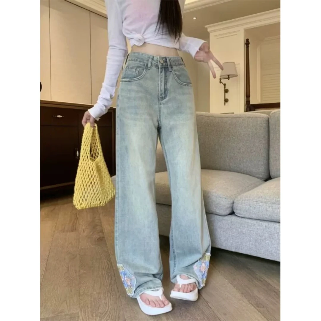 9525#国风弹力高腰牛仔裤女浅色做旧窄版直筒阔腿拖地裤弹力