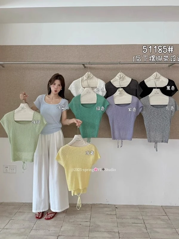 后下摆绑带个性设计短袖针织衫夏韩系U领纯色修身显瘦上衣I2-35