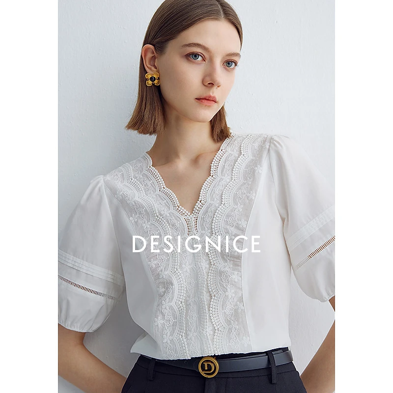 迪赛尼斯夏季通勤风气质高级拼接白色短袖V领雪纺衫女