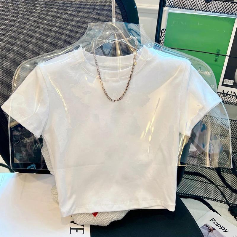 美式复古白色正肩短袖T恤女夏季设计感小众辣妹修身露脐短款上衣