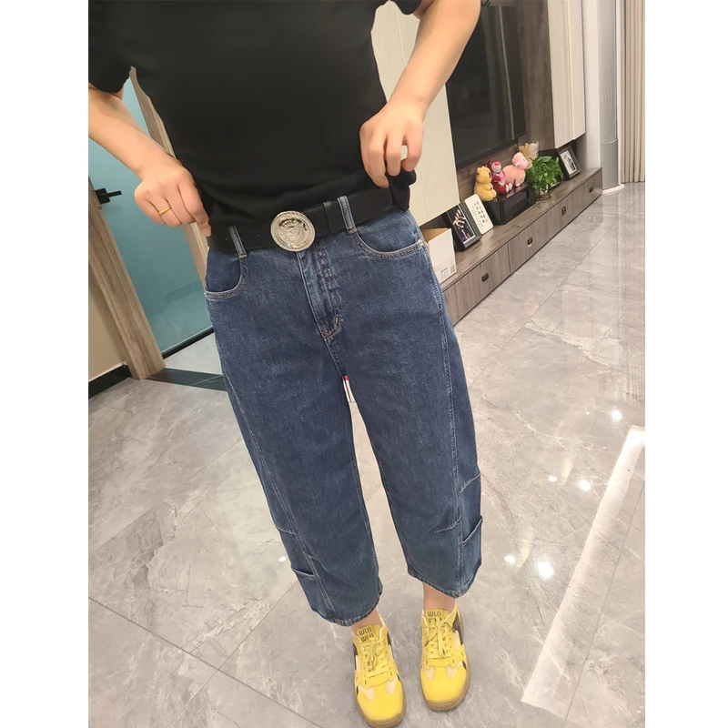 大码百搭遮肉遮胯宽松阔腿牛仔裤夏季新款高腰显瘦八分直筒弯刀裤