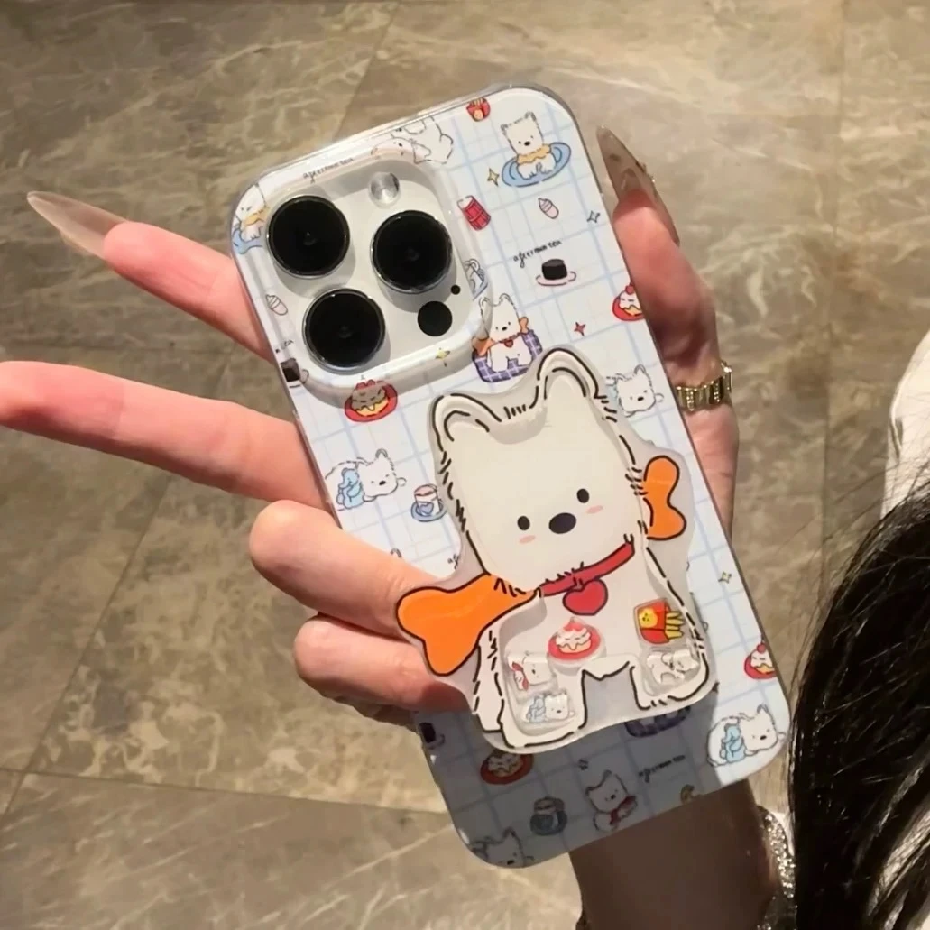 蓝格纹西高地支架适用iphone16手机壳小米14vivo华为oppo套