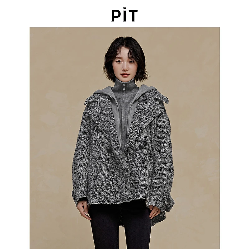 PIT绵羊毛呢外套假两件连帽上衣女2025秋季新款百搭显瘦秋冬冬季