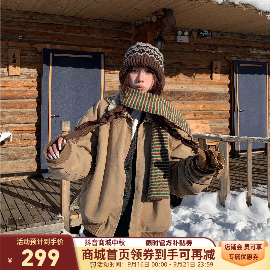 TGNS潮牌仿羊羔毛工装夹克男女冬季新品美式棕色牛仔加厚情侣外套
