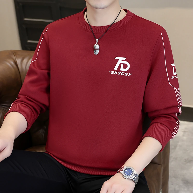 春秋季长袖t恤男宽松修身百搭潮牌重磅圆领卫衣休闲内搭打底小衫