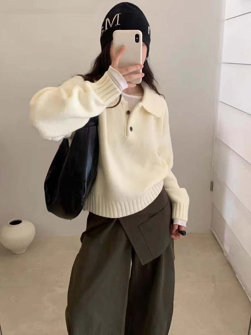 韩系纯色简约polo领套头毛衣女秋冬宽松显瘦时尚保暖慵懒针织衫潮