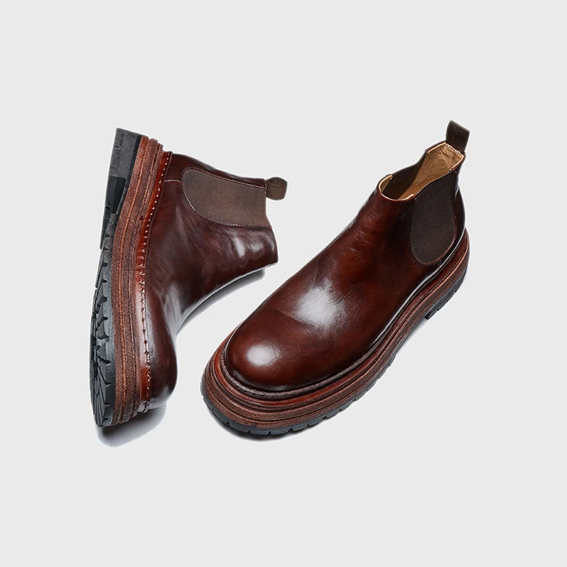 厚底马皮切尔西潮流短靴男士英伦中帮增高复古马丁靴手工靴子