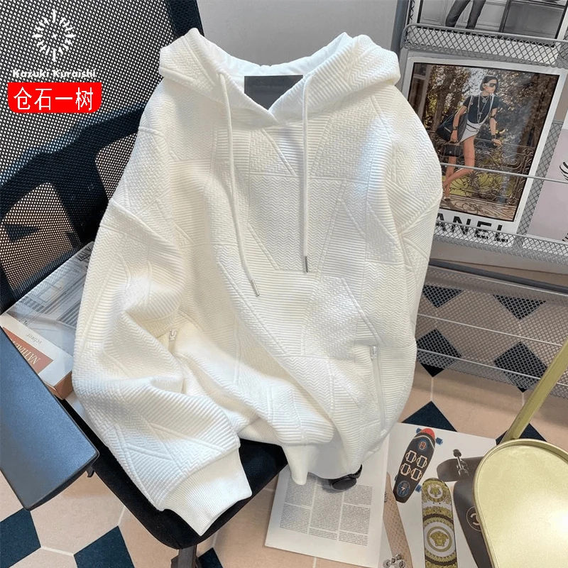 仓石一树潮流华夫格连帽卫衣男秋冬新款宽松高级感情侣装白色外套