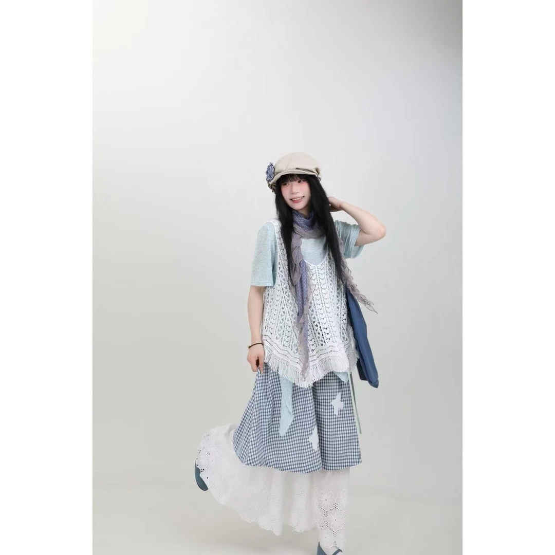 三与十三|蝶影星光|韩系甜美日系显瘦格子拼接A字半身裙