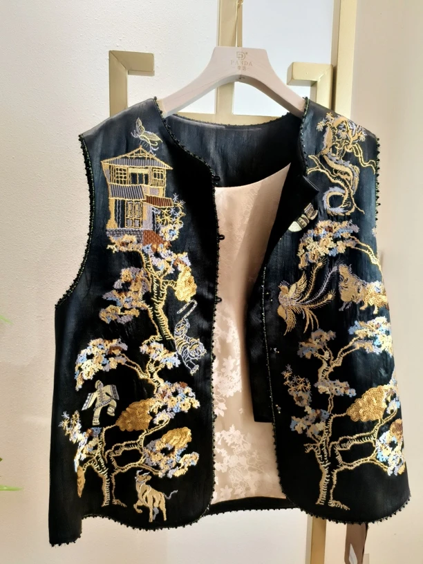 V字领醋酸民族风刺绣女风景马甲中式复古