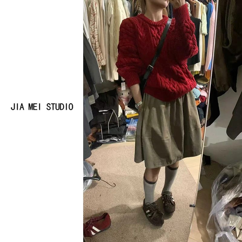 A126韩版时尚加厚圆领麻花毛衣女秋冬新款2025气质百搭套头针织衫