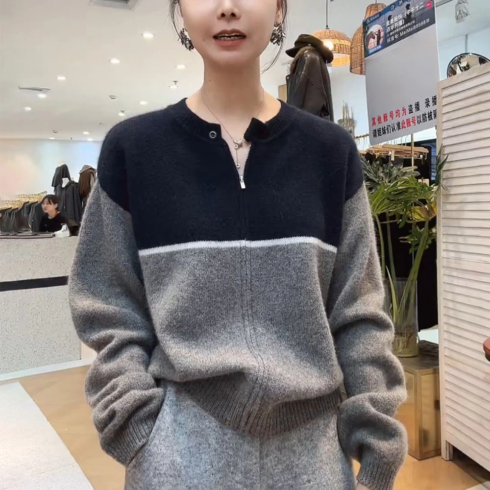 2025秋冬撞色拉链针织衫女士新款宽松显瘦慵懒高级感减龄毛衣上衣