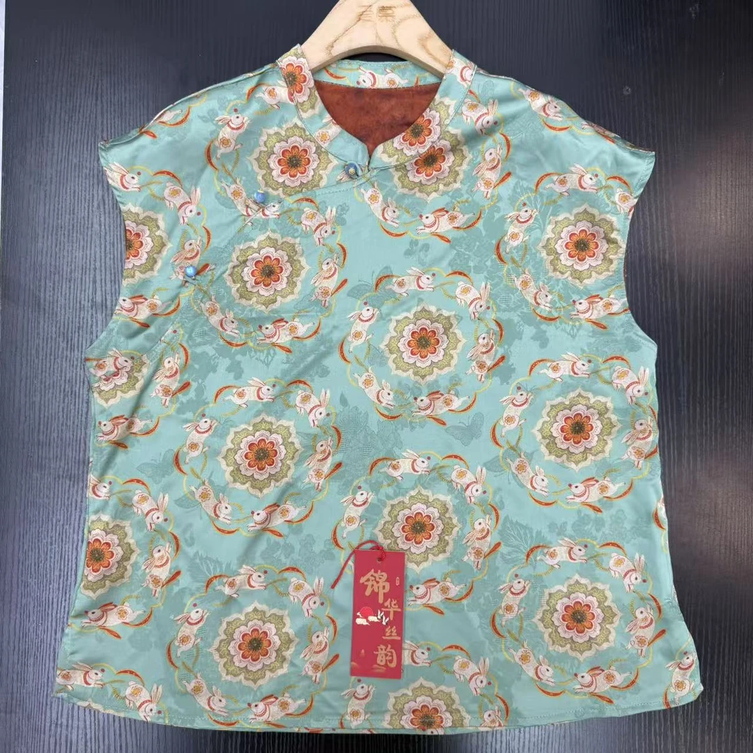 【瑞兔】立领常规款无袖斜襟提花圆领上衣绿色中国风侘寂风1216