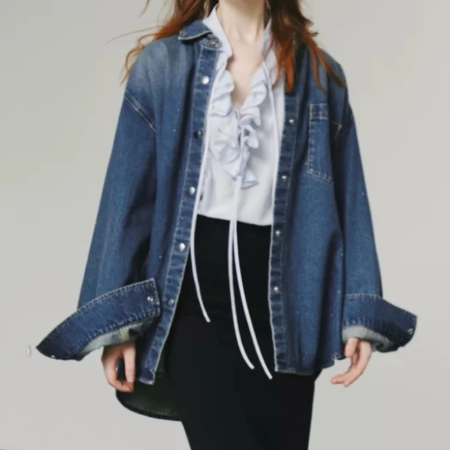 【聚新汇】M土耳其牛仔怀旧水洗复古烫钻宽松衬衣