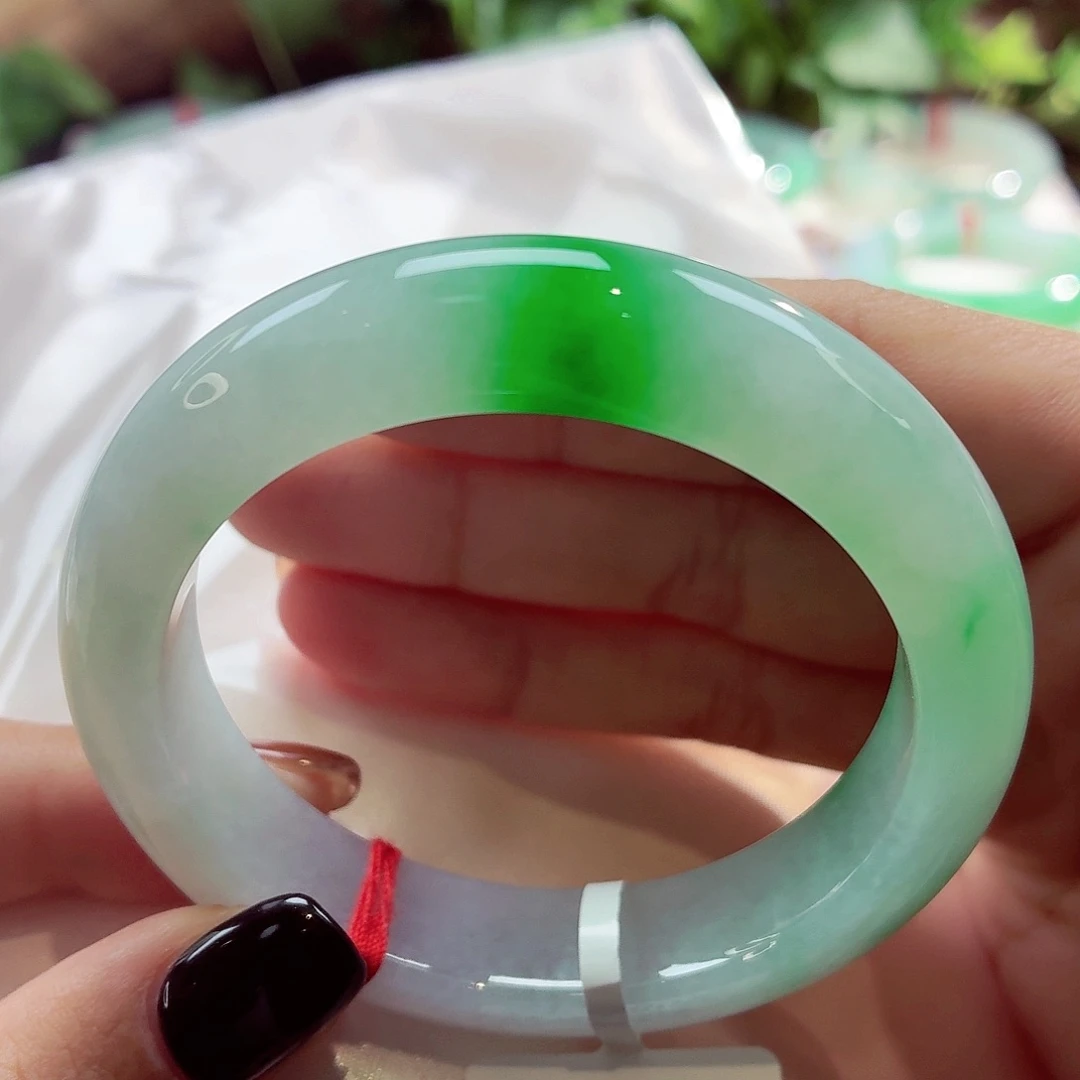 翡翠未镶嵌手镯白底青点翠上新68-058