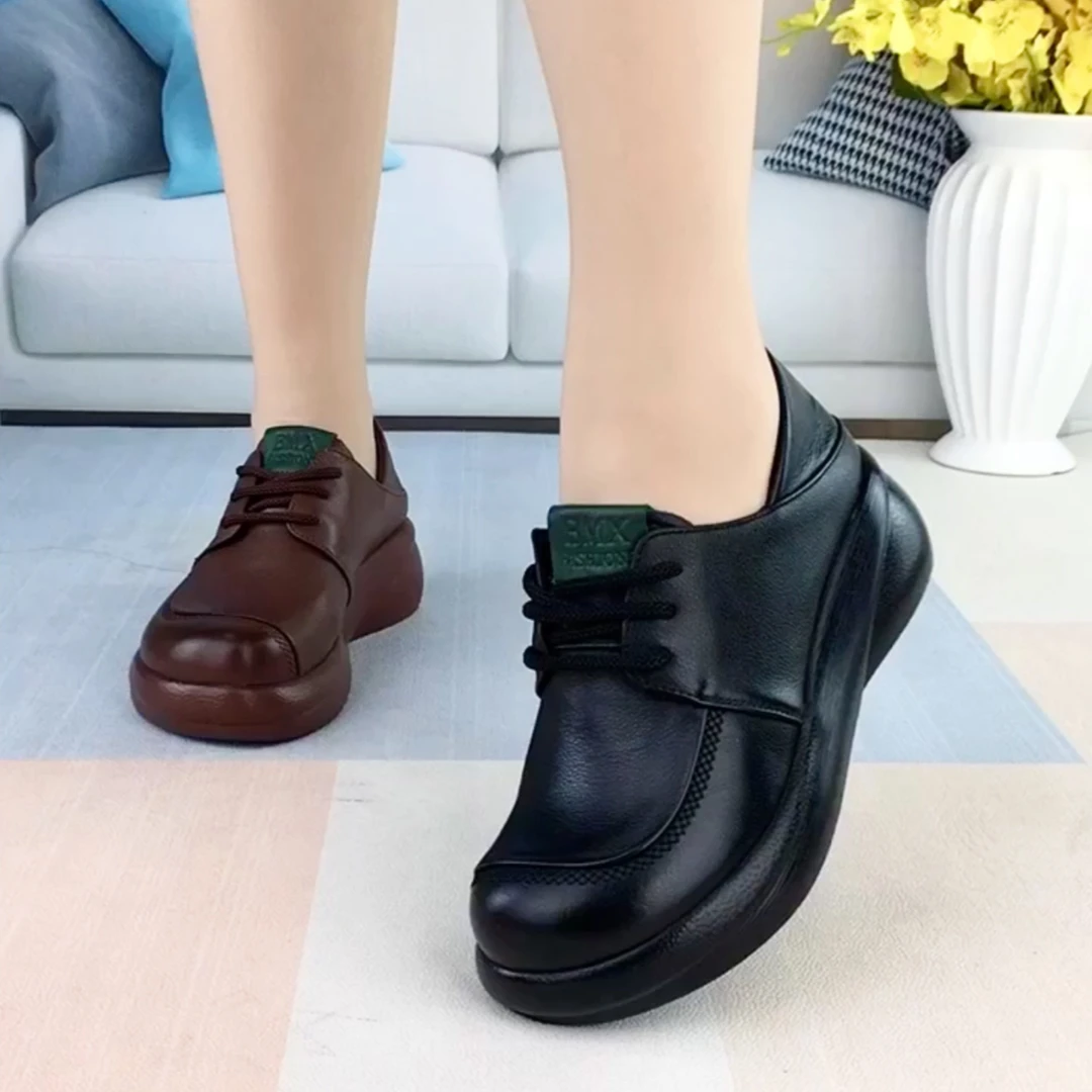 J527丹~春季女牛皮厚底坡跟系带单鞋真皮时尚百搭休闲可两穿皮鞋