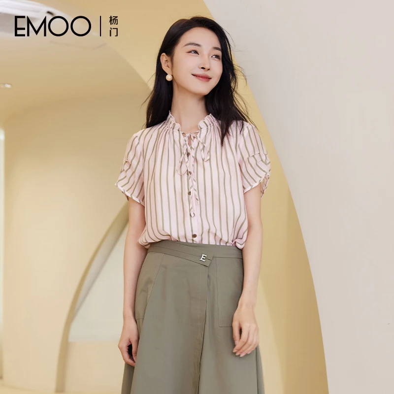 EMOO/杨门薄款条纹花苞袖女装夏季荷叶边衬衫上衣衬衣E24H023403