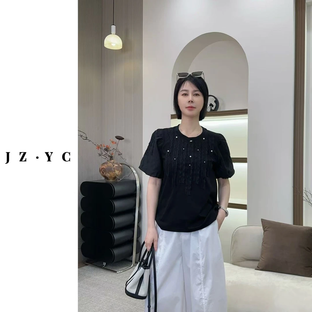 【洁子推荐】2025夏季新款256337韩系圆领订珠拼接短袖T恤JZY256337