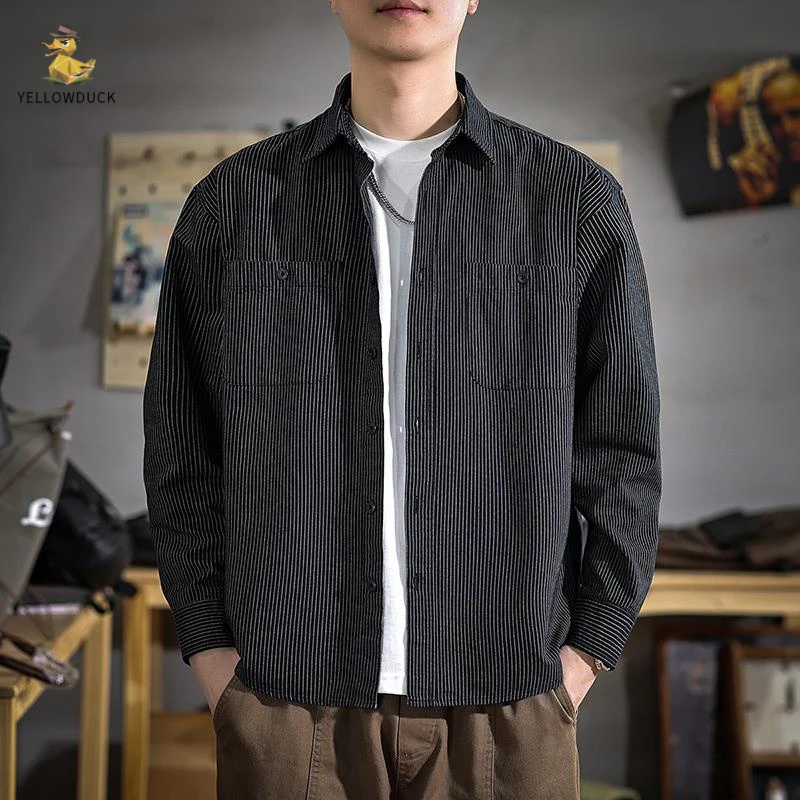 流行优质复古通勤商务条纹长袖衬衫男春季新款纯棉衬衣休闲外套潮