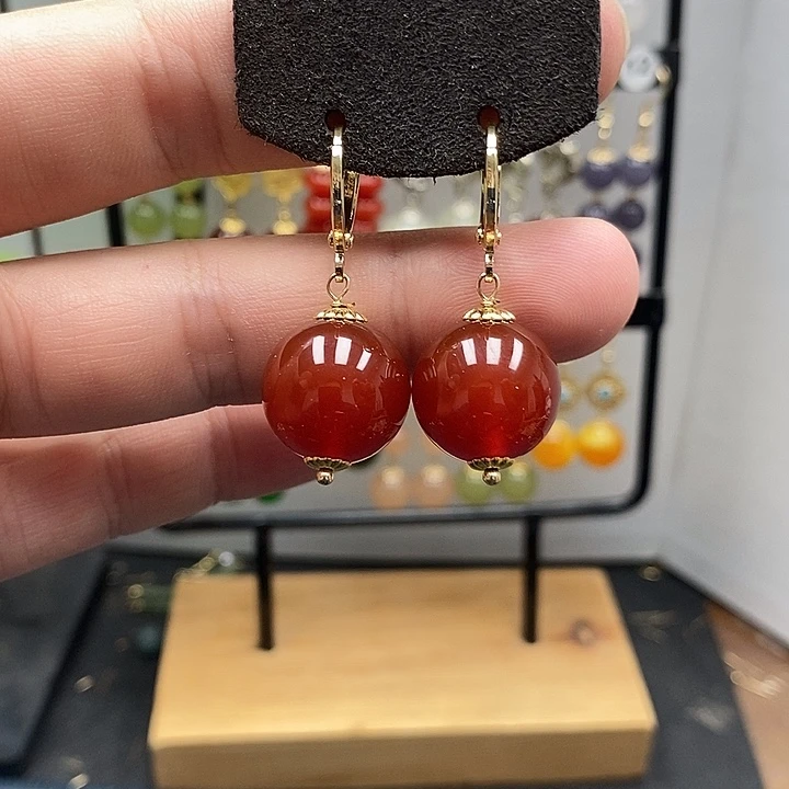 南红玛瑙银S925镀金镶嵌耳饰尺寸16mm