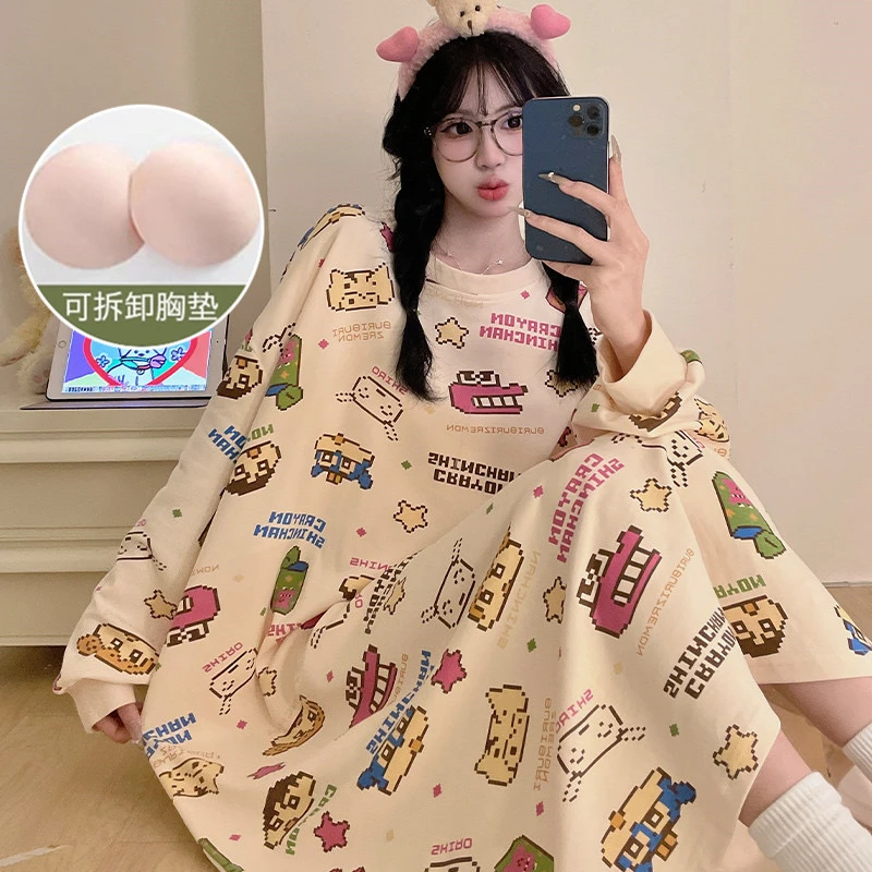带胸垫可外穿连体睡裙长袖睡衣可爱蜡笔小新纯棉新款大码家居服