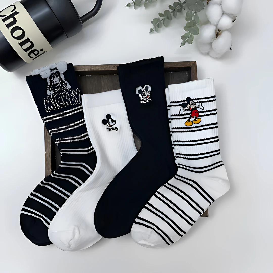 女士新款春夏潮流百搭可爱条纹透气刺绣米奇高筒潮袜黑白ins