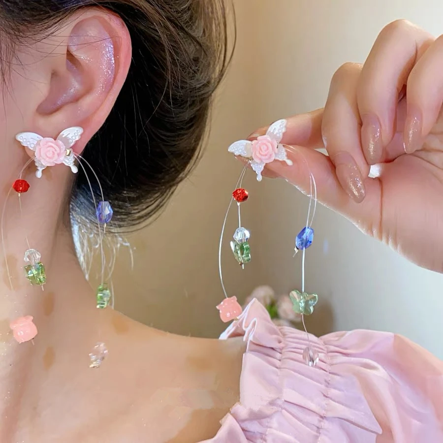 非金属树脂耳饰 彩色长款花朵串珠流苏耳钉2025春夏新款百搭耳环