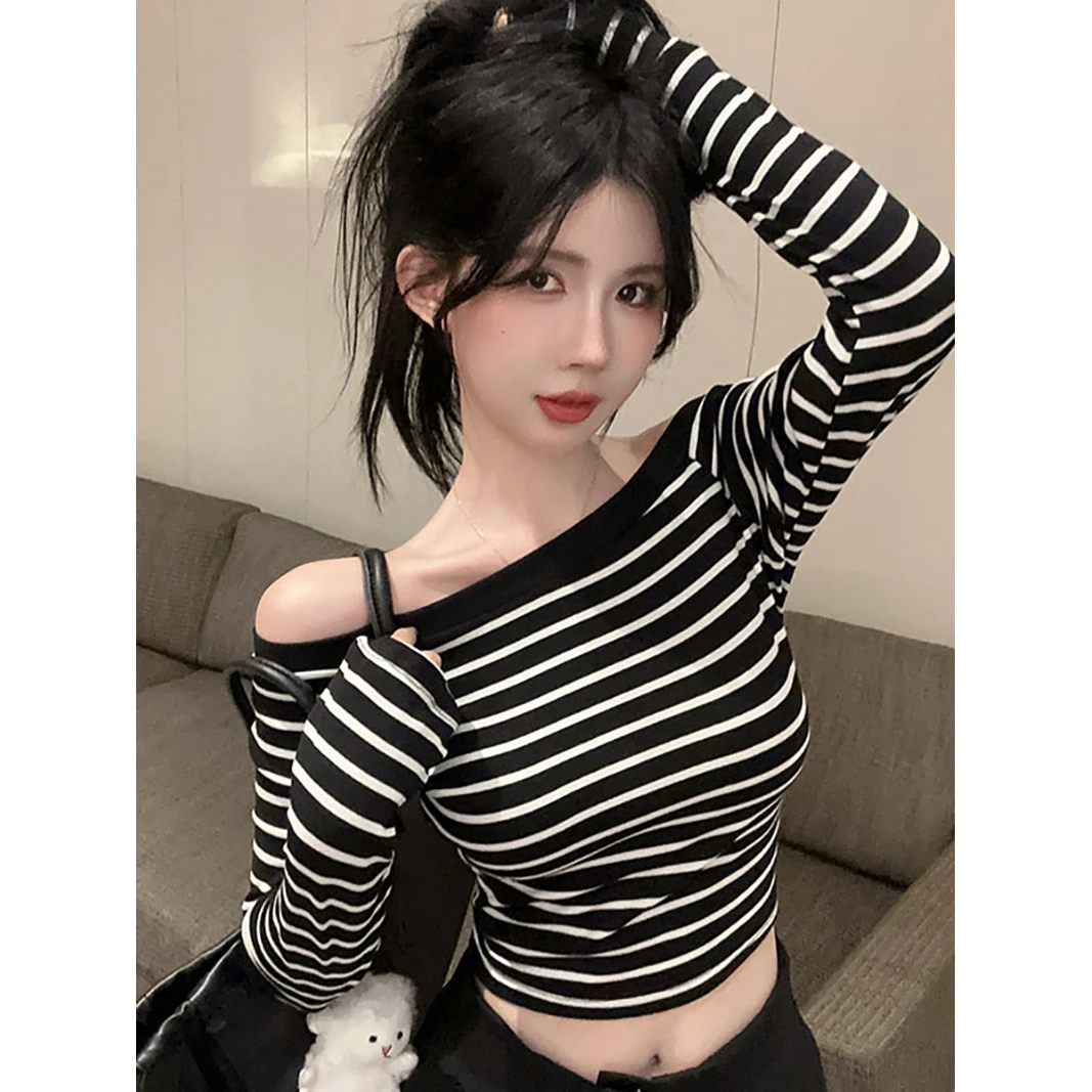 一字肩条纹长袖t恤女早秋辣妹性感露肩短款上衣显身材打底衫内搭