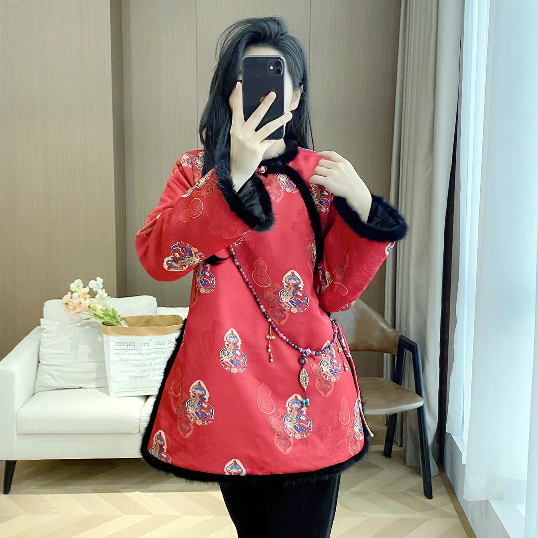 新中式国风2025改良唐装夹棉棉服水貂毛提花加厚复古冬季保暖上衣