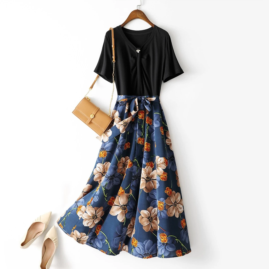 IHIMI/海谧印花裙子2025夏新款女装气质收腰时尚显瘦中长款连衣裙