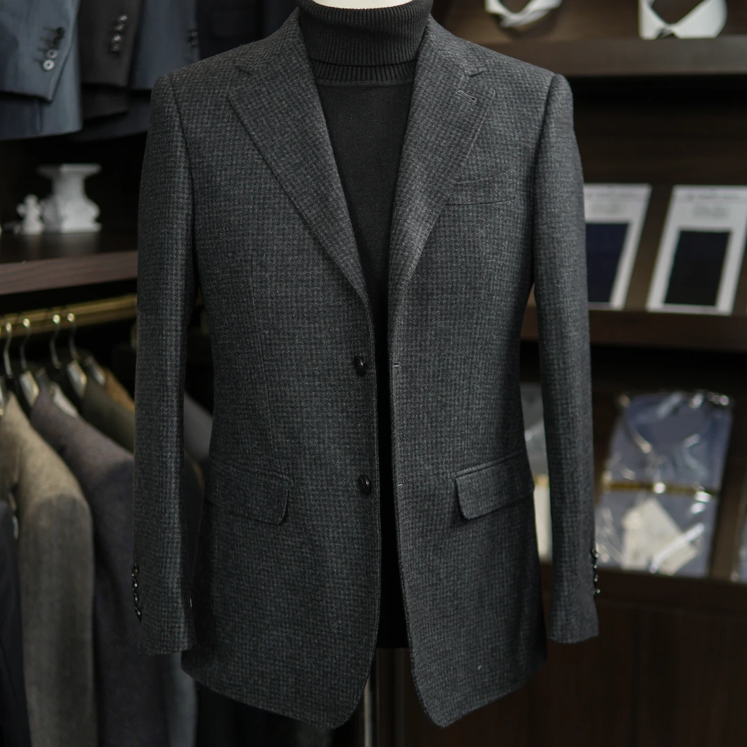 玄武岩灰鳞纹羊毛秋冬时尚修身休闲商务西服高定外套西装男士上衣