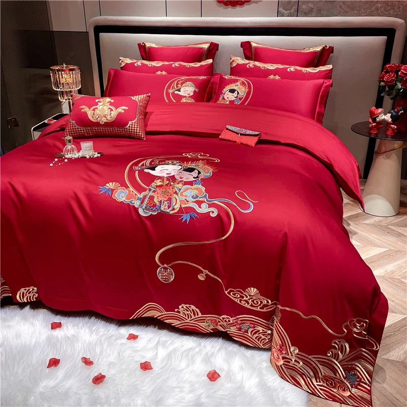 中式刺绣60支长绒棉婚庆婚房红色喜庆多件套奢华轻奢高档简约结婚