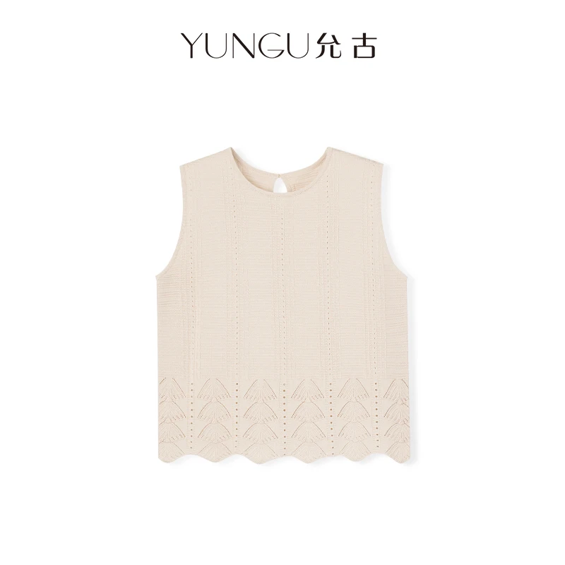 YUNGU允古 法式气质天丝亚麻上衣镂空百搭舒适无袖针织衫马甲背心