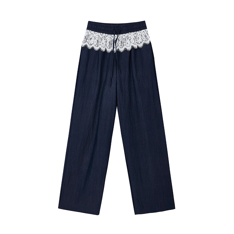 【小花专属】松紧腰拼蕾丝直筒阔腿裤W6718