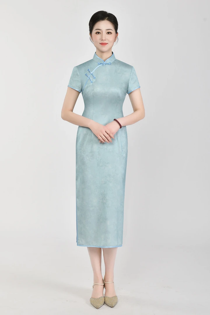 传统手工花扣斜襟日常旗袍夏季修身时尚长款清新走秀礼服