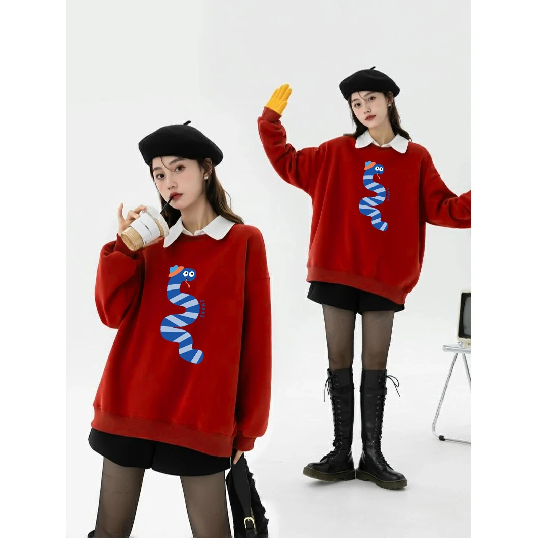 圆领卫衣女2025蛇年冬季新款国潮慵懒风男女同款加绒加厚宽松上衣