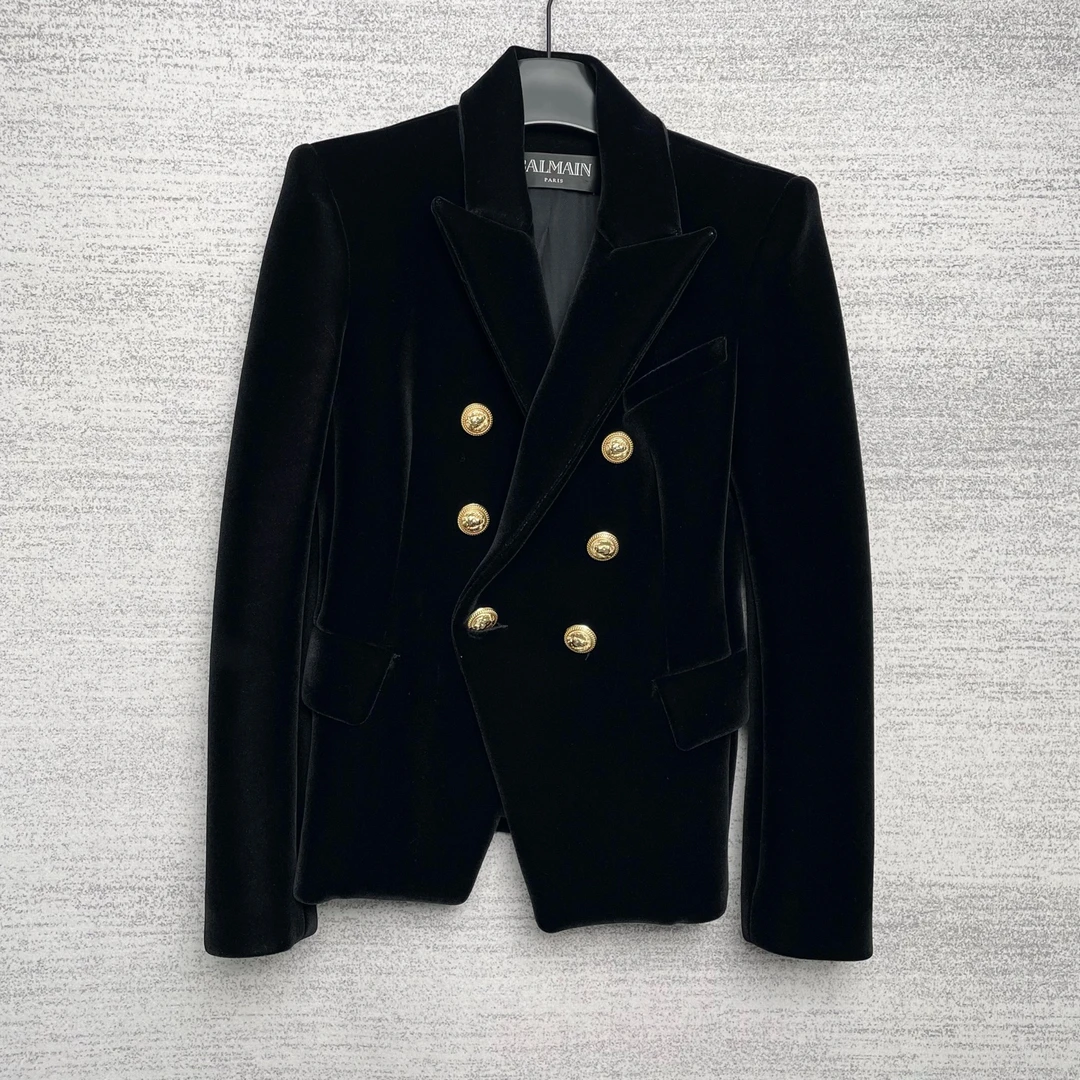 99新 BALMAIN/巴尔曼   9W118337/黑丝绒金扣西装外套/38码
