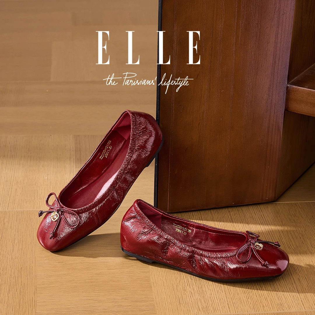 ELLE红色芭蕾风玛丽珍鞋2025新款羊皮浅口内增高单鞋女软底蛋卷鞋