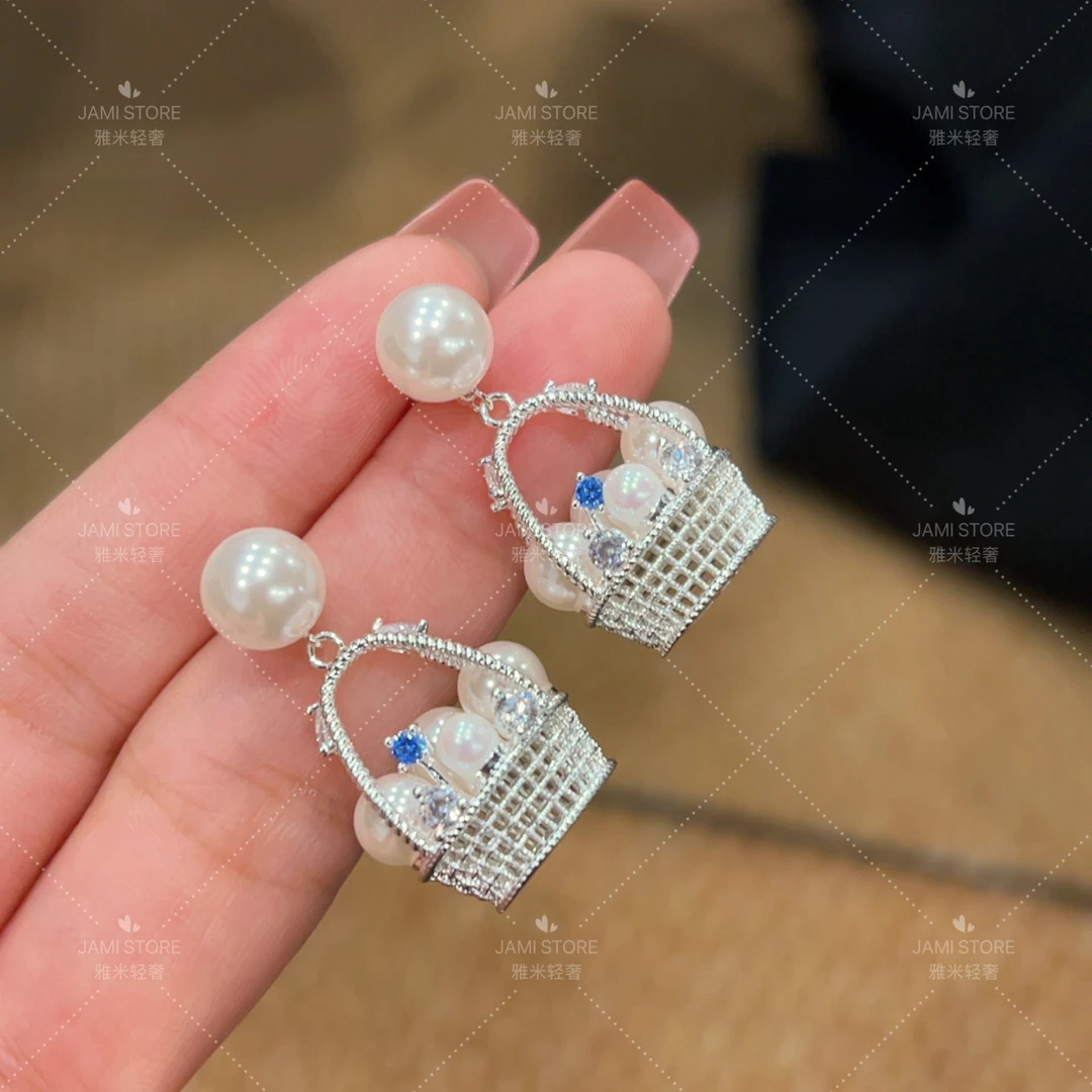 铜合金耳饰 【雅米】编织花篮珠珠轻奢耳环小香风时尚大气精致个性
