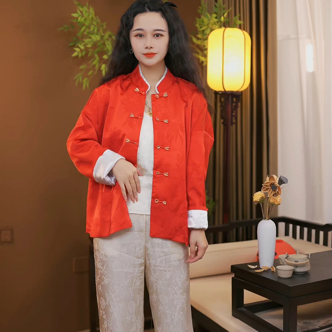 红色新春中式国风提花立领外套女2025新款春款小众女士上衣F038